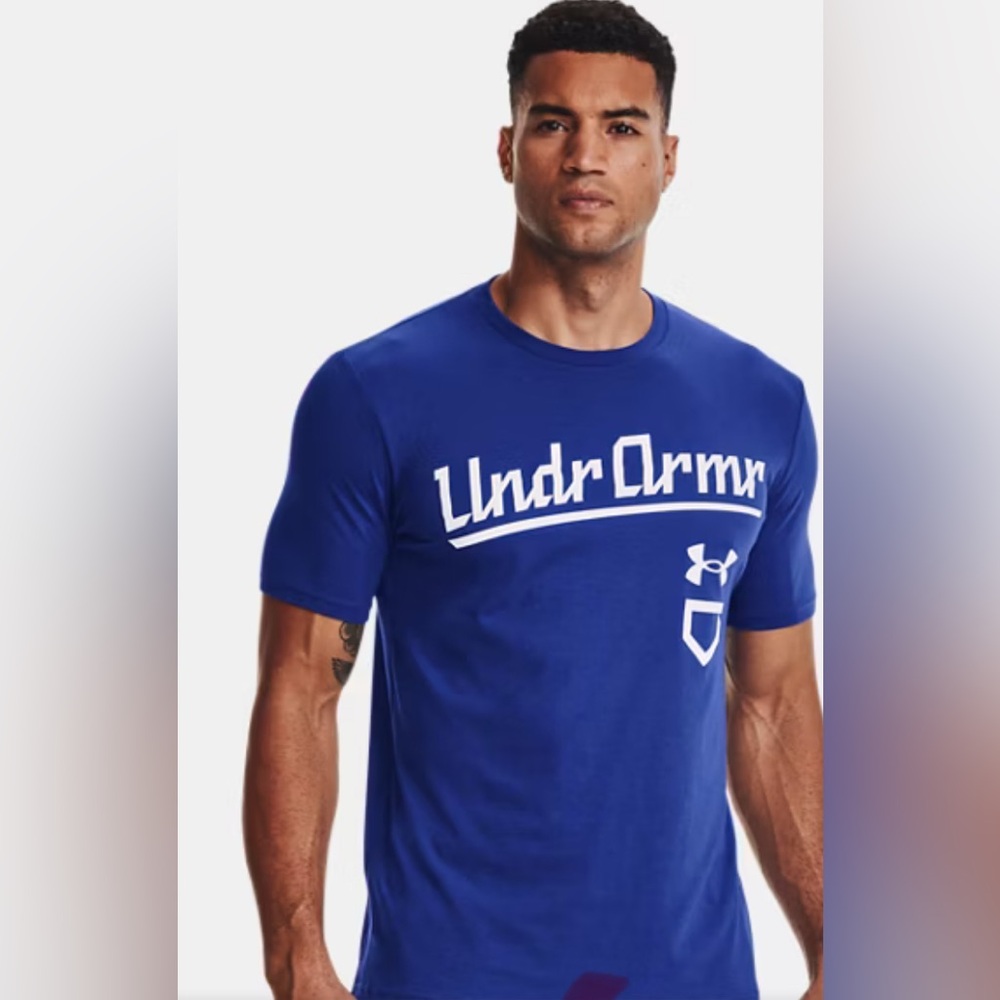 NWT Under Armour Shirt Men's UA Baseball Script Short Sleeve Tee Blue XL $30